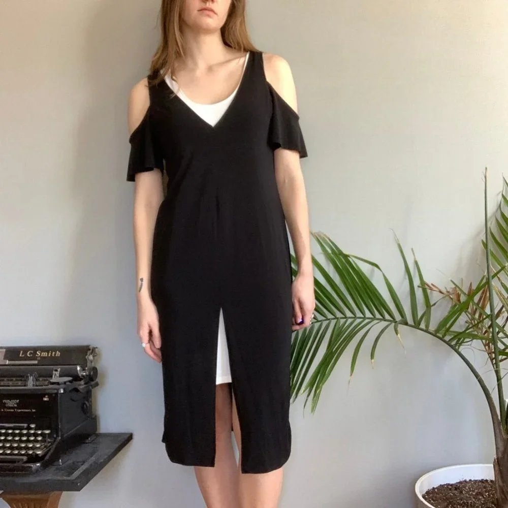 Zara slinky black and white midi cocktail workwear v-neck short sleeve dress - Picture 2 of 8